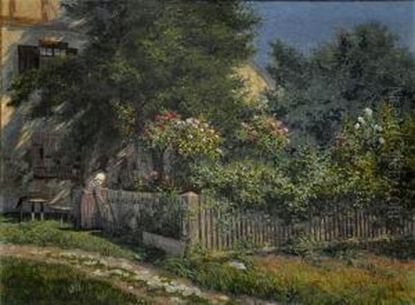 Blick Aufbluhenden Rosengarten Vor Fachwerkhausern. Oil Painting by Wilhelm S. Schacht