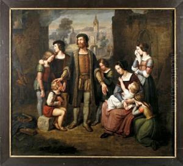 Familie Vor Brennender Ruine Oil Painting by Felix Schadow