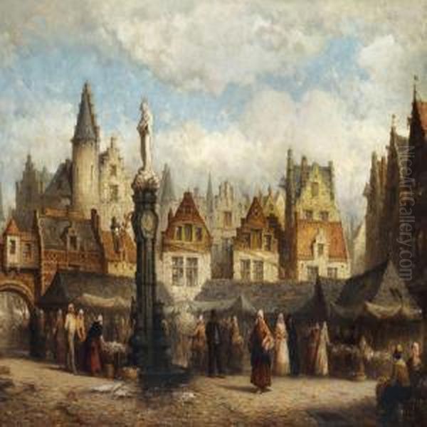 Market Scene In A Belgian Town, Presumably Antwerp Oil Painting by Hendrik Frans Schaefels