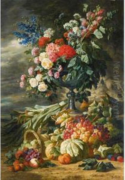 Vase De Fleurs Et Fruits D'automne Oil Painting by Lucas Schaefels