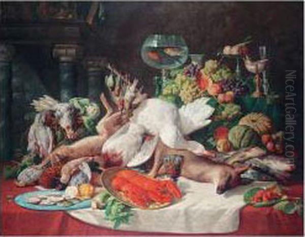 Still Life Of Dead Game, A Deer, Hare, Fish, A Lobster, Fruit And Vegetables By A Fireplace Oil Painting by Lucas Schaefels