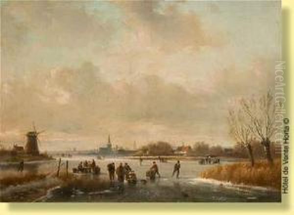 Patineurs Sur Un Bras De Mer Gele Oil Painting by Hendrik Adolf Schaep