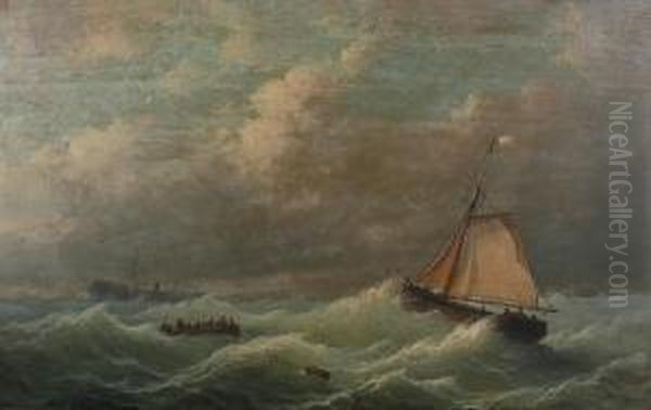 Boats In A Stormy Sea, A Sinking Ship In The Distance Oil Painting by Hendrik Adolf Schaep