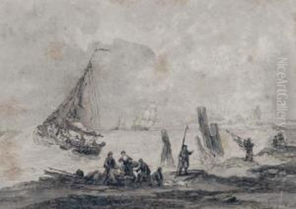 Vissersschepen Voor De Kust Oil Painting by Hendrik Adolf Schaep