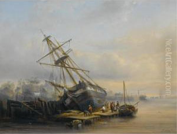 Figures At Work In A Harbour Oil Painting by Hendrik Adolf Schaep