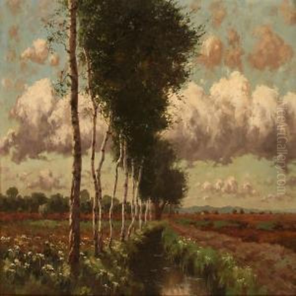 Cloudy Summer Day With Wild Flowers At A Ditch Oil Painting by Karl Schaette