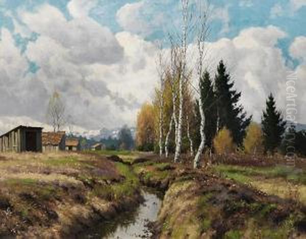 Herbstlichemoorlandschaft Mit Stadeln Am Alpenrand Oil Painting by Karl Schaette