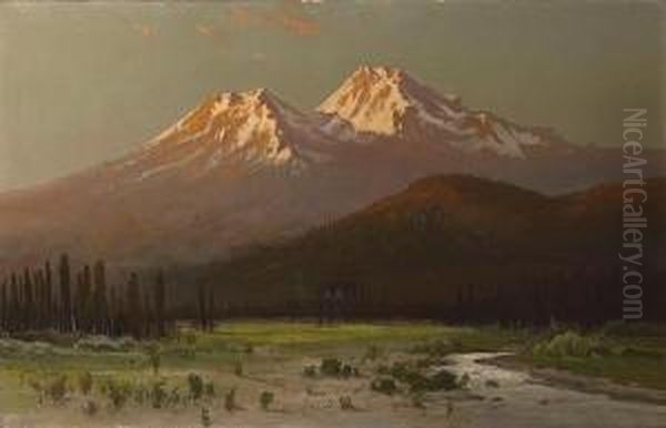 Sunset On Mt. Shasta From Sissons, California Oil Painting by Frederick Ferdinand Schafer