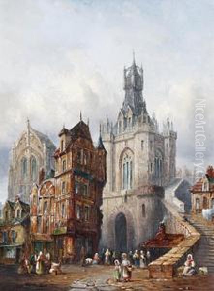 Old Gateway, Huy; A Cathedral View, A Pair Oil Painting by Henry Schafer