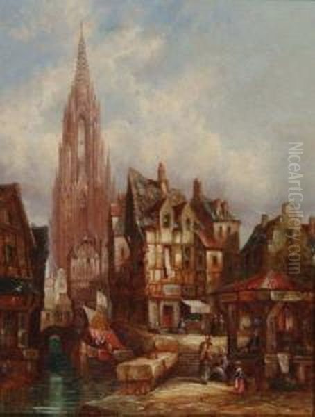 Freiburg Cathedral And Street Scene Oil Painting by Henry Thomas Schafer