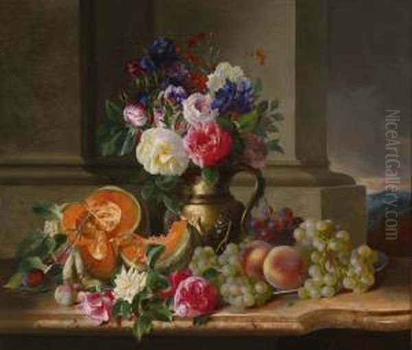 Rich Still Life With Flowers And Fruit Oil Painting by Adalbert, Bela Schaffer