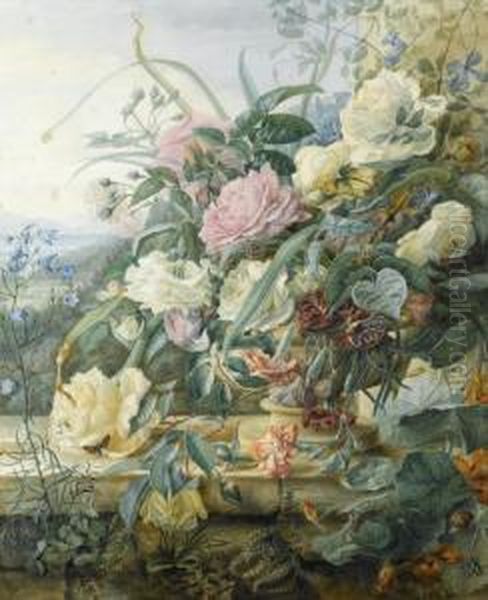 Roses And Other Flowers In A Sculpted Urn On A Garden Wall Oil Painting by Adalbert, Bela Schaffer