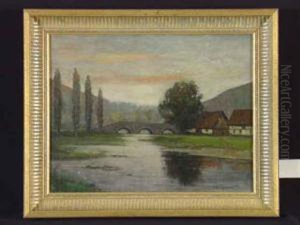 Flusslandschaft Mit Bogenbrucke Oil Painting by Gustav Adolf Schaffer