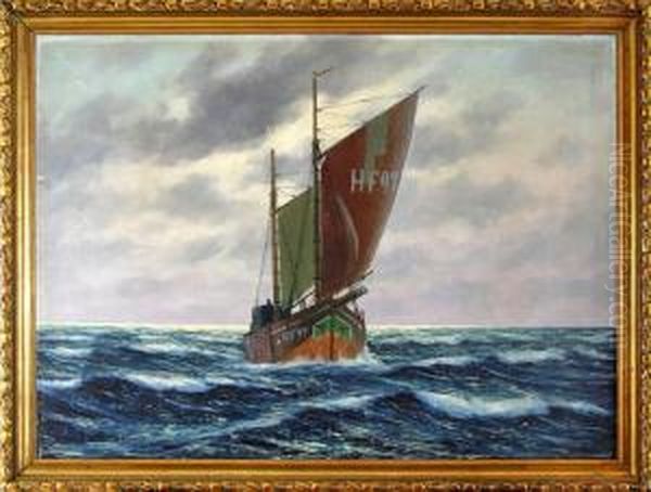 Finkenwerder Fischkutter Hf 97 Auf Hoher See Oil Painting by Franz Schaffner