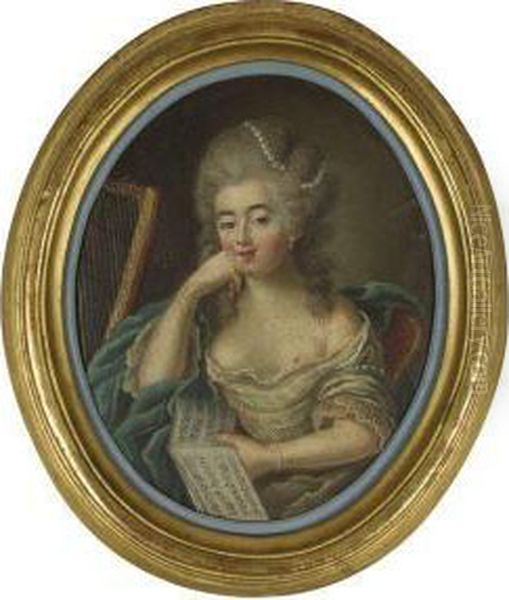 Jeune Femme Au Collier De Perles Pres D'une Harpe Oil Painting by Jean-Frederic Schall