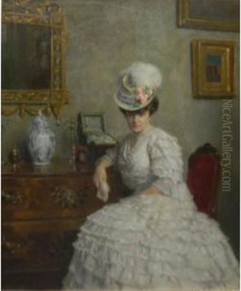 Woman In White Seated In A Salon Oil Painting by Viktor Scharf