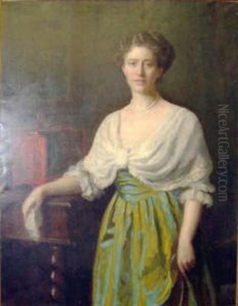 Portrait Of A Lady Standing With Lacquer Cabinet Oil Painting by Viktor Scharf