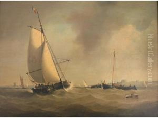 Dutch Fishing Boats In Coastal Waters Oil Painting by J. Scharpf