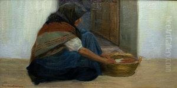 Old Woman Seated By A Doorway With A Basket Oil Painting by Nicolaus Schattenstein