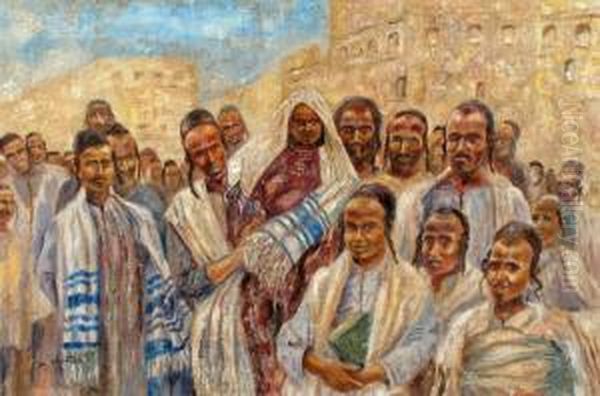 Hassidim By The Wailing Wall Oil Painting by Boris Schatz