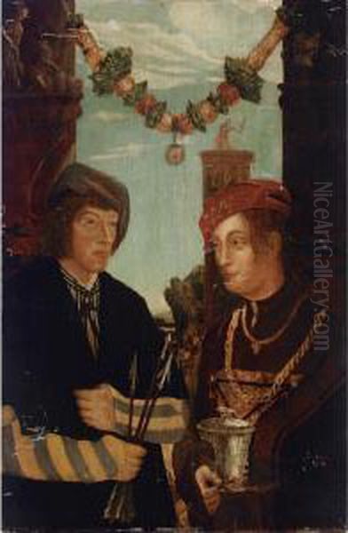 A Double Portrait Of A Couple As St. Sebastian And St. Barbara, Standing Half-length, Between Two Classical Structures Decorated With Sculptures With A Fruit Garland Hanging Above Oil Painting by Hans Leo. Schauffelin