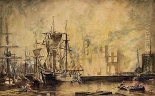 Brand Am Hafen Oil Painting by Julius Schaumburg