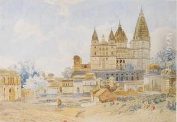 The Chaturbhuj Temple At Orchha; Washing At The Betwa River, Orchha, Madhya Pradesh, India, A Pair Oil Painting by Julius Schaumburg