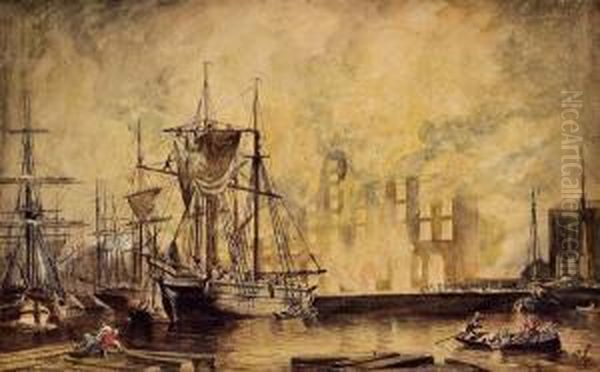 Brand Am Hafen Oil Painting by Julius Schaumburg