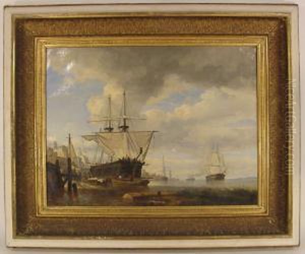 Sailing Shipsin Port Oil Painting by Julius Schaumburg