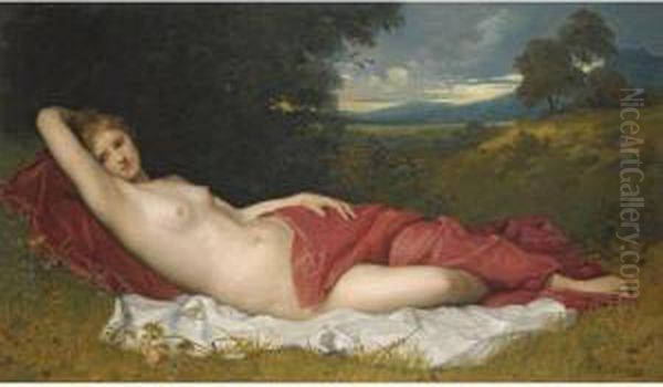 A Draped Nude In A Woodland Grove Oil Painting by Ferdinand Schauss