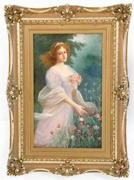 Young Beauty In Garden Oil Painting by Ferdinand Schebek