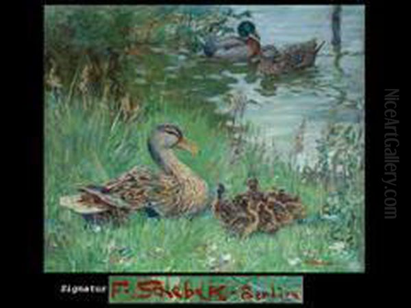 Enten Am Wasser Oil Painting by Ferdinand Schebek