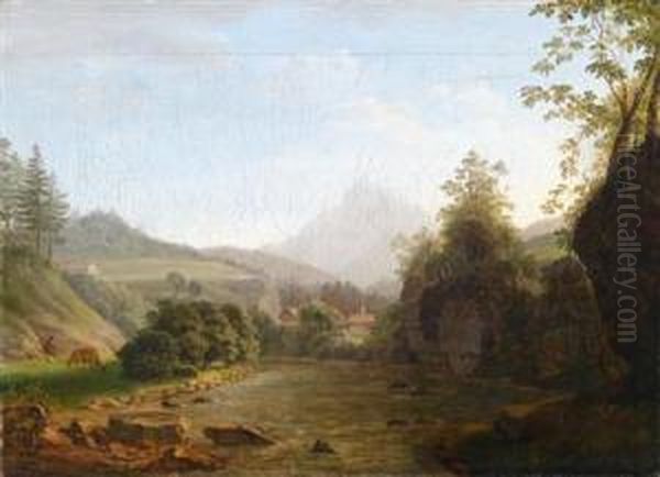 Flusslandschaft Mithirten Oil Painting by Johann Georg Schedler