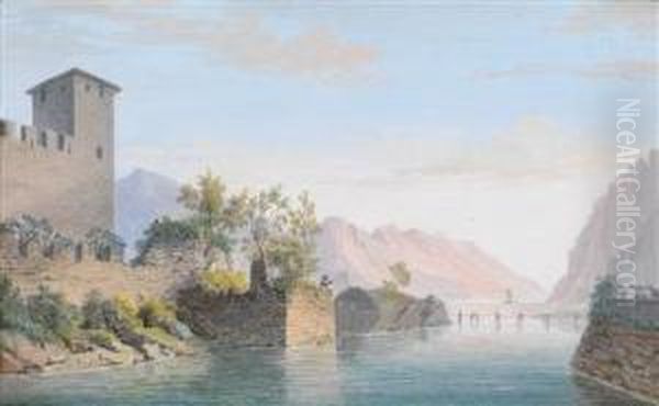 Das Castellodella Rocca Bei Riva Am Gardasee Oil Painting by Johann Georg Schedler