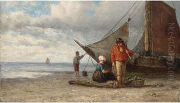 Fisherfolk On The Beach Oil Painting by Andries Scheerboom