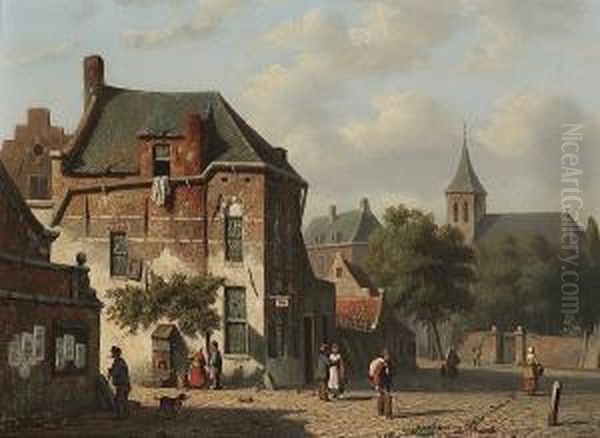 Dutch Town View With Figures Conversing Oil Painting by Andries Scheerboom