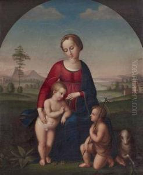 Madonna Mit Jesusund Johannesknaben In Landschaft Oil Painting by Johann Evangelist Scheffer Von Leonhardshoff