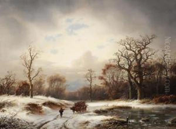 Winterlandschaft. Verschneite Waldlichtung Mit Zugefrorenem Altwasser Oil Painting by Ludwig Scheins