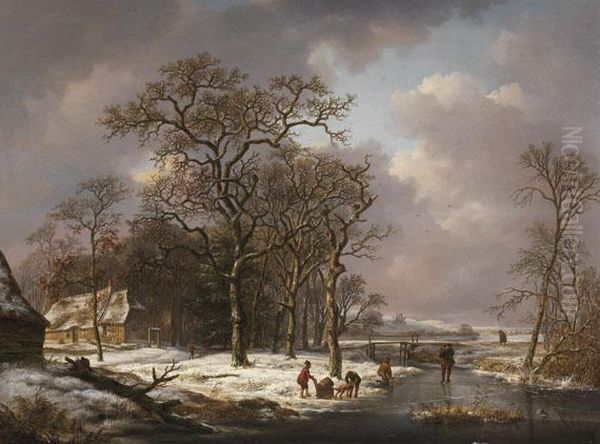 Winterlandschaft Mit Personen Auf Dem Eis Oil Painting by Andreas Schelfhout