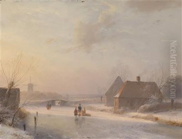 Dutch Landscape In Winter With Ice-skaters Oil Painting by Andreas Schelfhout