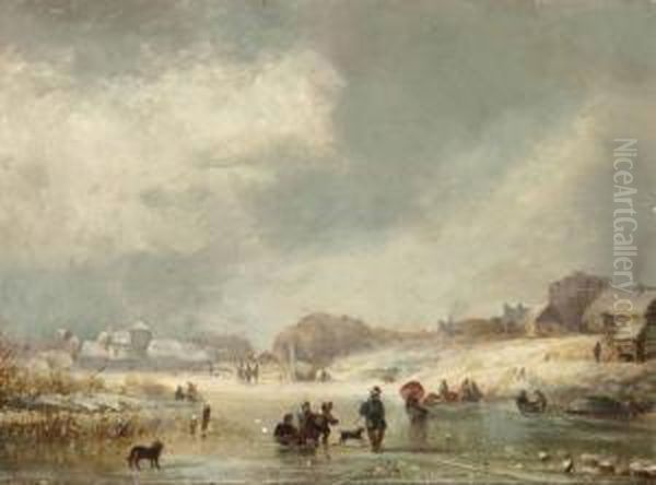 Fun On A Frozen Waterway Oil Painting by Andreas Schelfhout