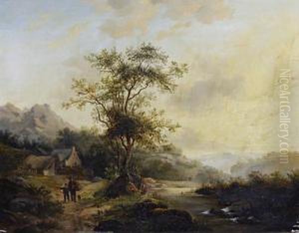 Travellers On A Country Lane Oil Painting by Andreas Schelfhout