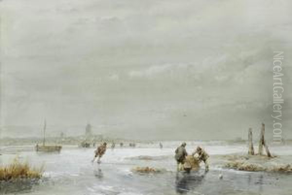 A Winter Landscape With Skaters Oil Painting by Andreas Schelfhout