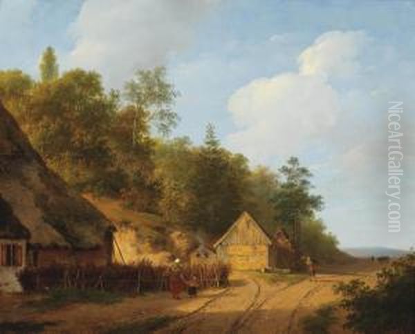 A Summer Landscape With Farmhouses Along A Sandy Track Oil Painting by Andreas Schelfhout