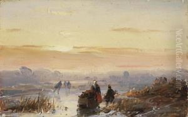 A Winter Landscape With Figures At Dusk Oil Painting by Andreas Schelfhout