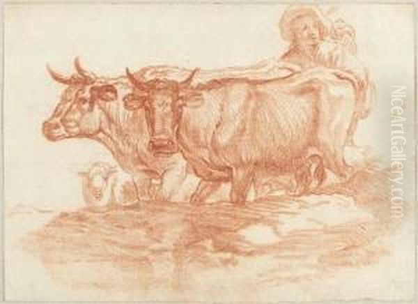 Two Cows With Herdsmen Oil Painting by Johann Rudolf Schellenberg