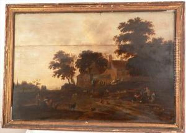 A Riverside Landscape With Homestead Oil Painting by Willem Schellinks