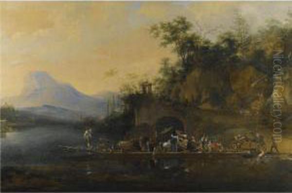 A River Landscape With Boatmen Loading Passengers And Horses On To A Ferry Oil Painting by Willem Schellinks