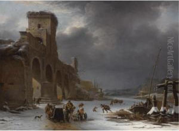 Winter Landscape With The Tiber And The Ponte Molle, Rome Oil Painting by Willem Schellinks