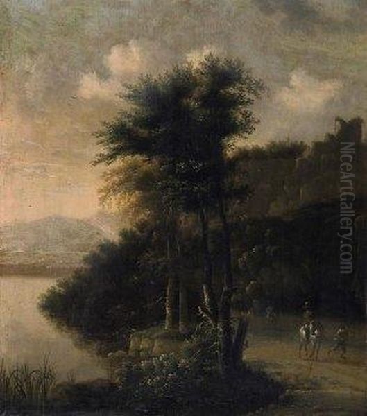 Foresty Riverlandscape With Horsemen. With Monogram Lower Left: Ws Oil Painting by Willem Schellinks